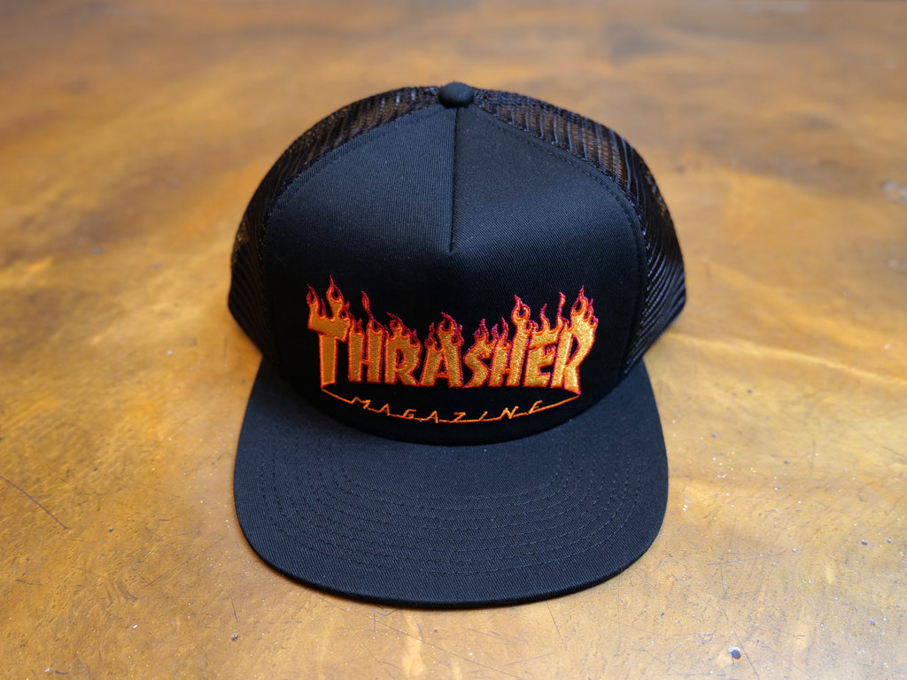 Thrasher Magazine Embroidered Flame Logo Mesh Cap - Black