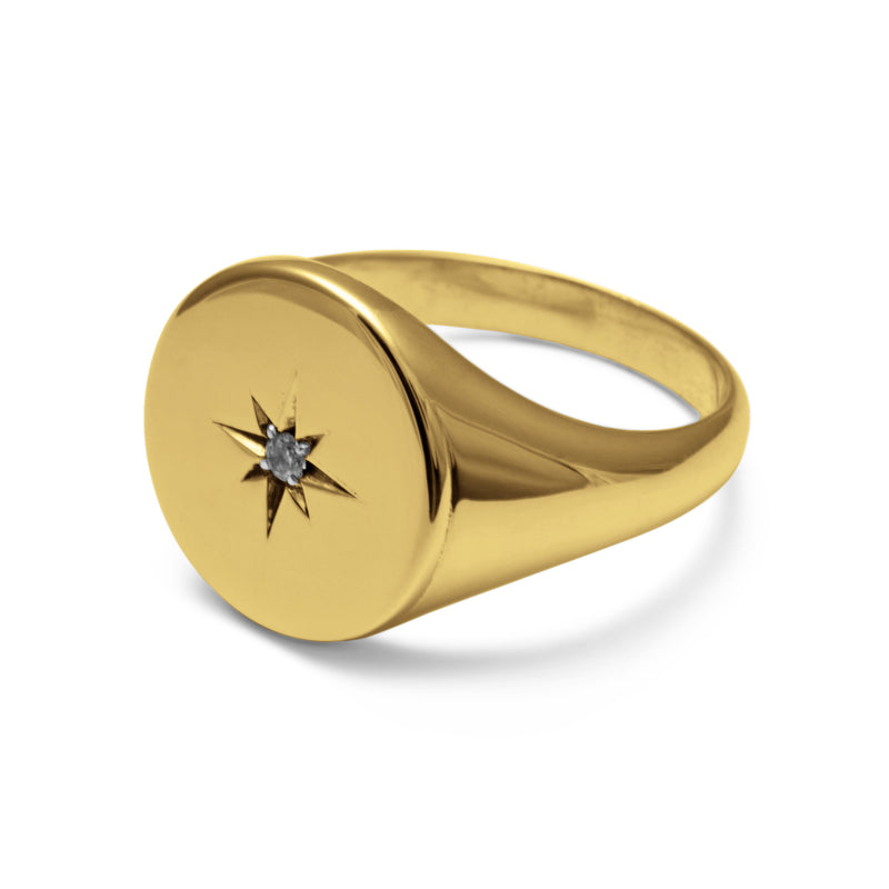 John Blinks Sterling Silver 14k Yellow Gold Vermeil Cubic Zirconia Star Set 13 mm Round Signet Ring